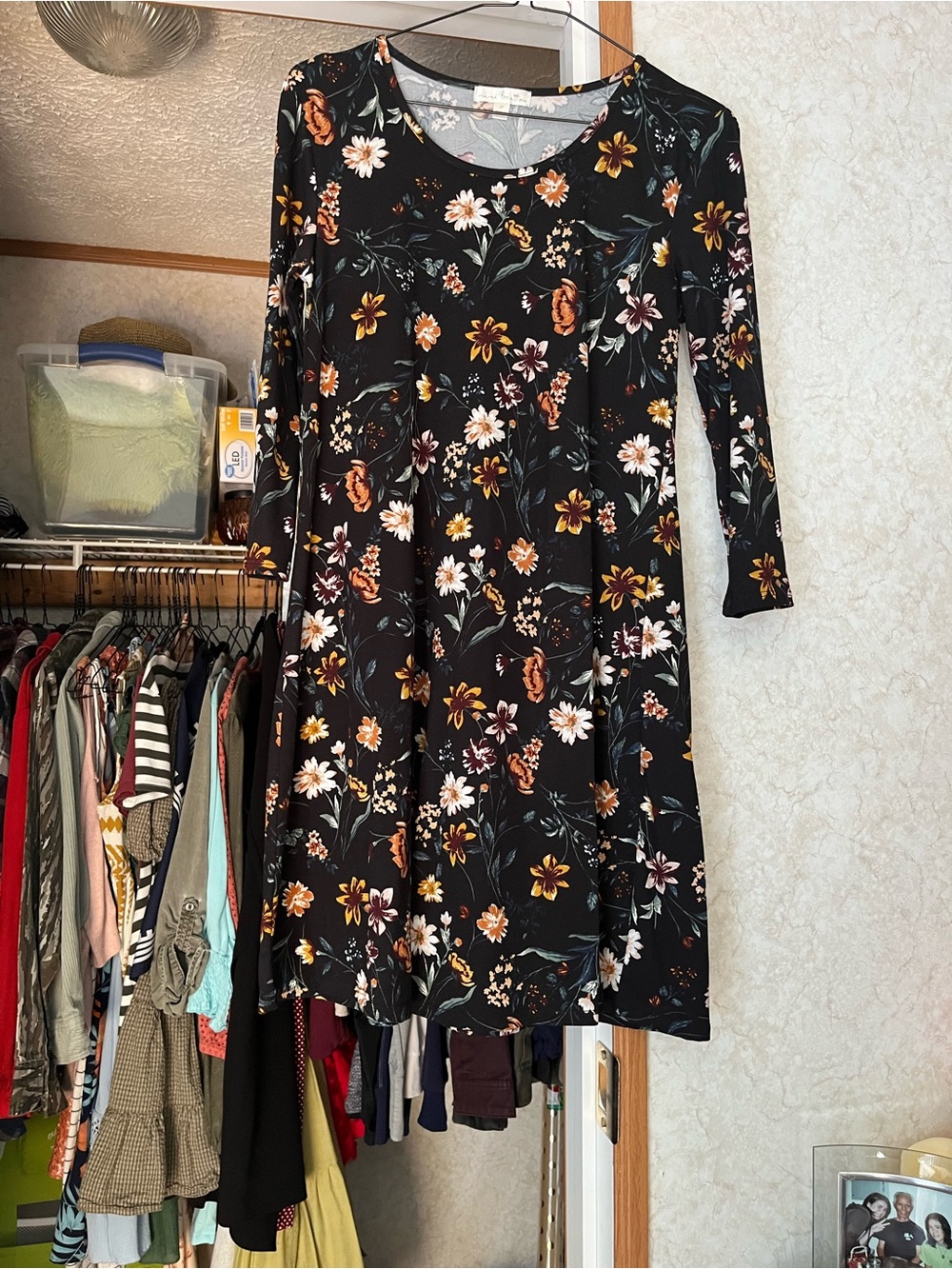 Black Floral Long-Sleeve A-Line Dress